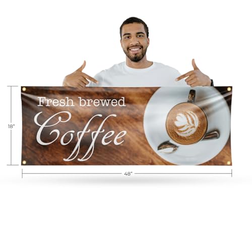 Fresh Brewed Coffee Banner Sign 18 Inch x 48 Inch | 13 oz Vinyl with Metal Grommets | Heavy-Duty Single-Sided Outdoor Durable Printed High-Quality Weatherproof | Made in the USA