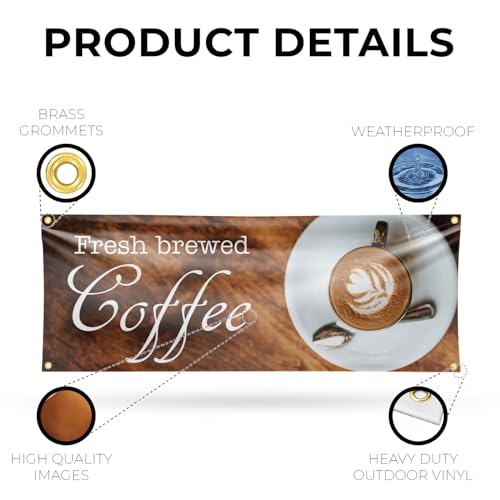 Fresh Brewed Coffee Banner Sign 18 Inch x 48 Inch | 13 oz Vinyl with Metal Grommets | Heavy-Duty Single-Sided Outdoor Durable Printed High-Quality Weatherproof | Made in the USA