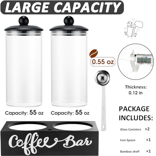 Yangbaga55OZ Glass Coffee Canister for Ground Coffee,2Pcs Coffee Containers with Handle Shelf Coffee Station Coffee Bar Accessories Organizer Decor,Food Storage Jar with Iron Coffee Scoop for Kitchen