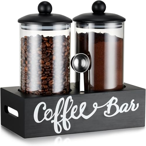 Yangbaga55OZ Glass Coffee Canister for Ground Coffee,2Pcs Coffee Containers with Handle Shelf Coffee Station Coffee Bar Accessories Organizer Decor,Food Storage Jar with Iron Coffee Scoop for Kitchen