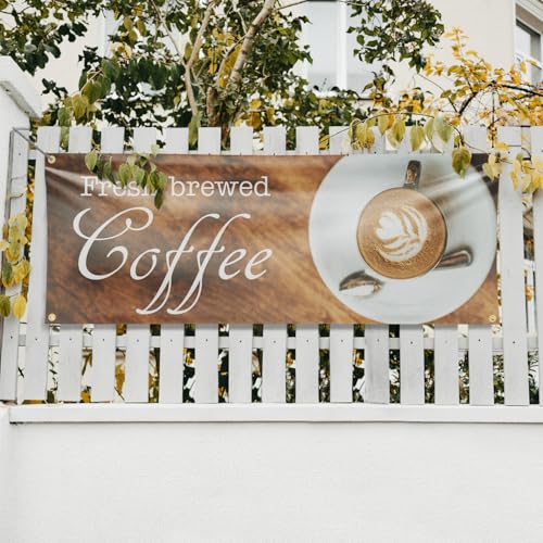 Fresh Brewed Coffee Banner Sign 18 Inch x 48 Inch | 13 oz Vinyl with Metal Grommets | Heavy-Duty Single-Sided Outdoor Durable Printed High-Quality Weatherproof | Made in the USA