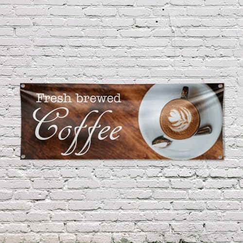 Fresh Brewed Coffee Banner Sign 18 Inch x 48 Inch | 13 oz Vinyl with Metal Grommets | Heavy-Duty Single-Sided Outdoor Durable Printed High-Quality Weatherproof | Made in the USA