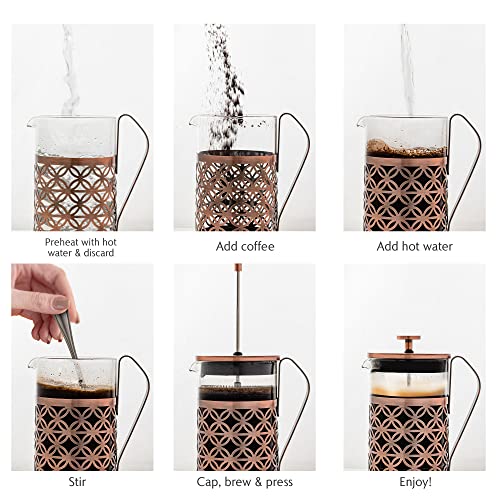OVENTE 27 Ounce French Press Coffee & Tea Maker, 4 Filter Stainless Steel Filter Plunger System & Durable Borosilicate Heat Resistant Glass with Free Scoop, Perfect for Hot & Cold Brew, Copper FSF27C