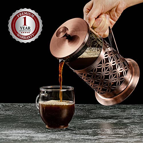 OVENTE 27 Ounce French Press Coffee & Tea Maker, 4 Filter Stainless Steel Filter Plunger System & Durable Borosilicate Heat Resistant Glass with Free Scoop, Perfect for Hot & Cold Brew, Copper FSF27C