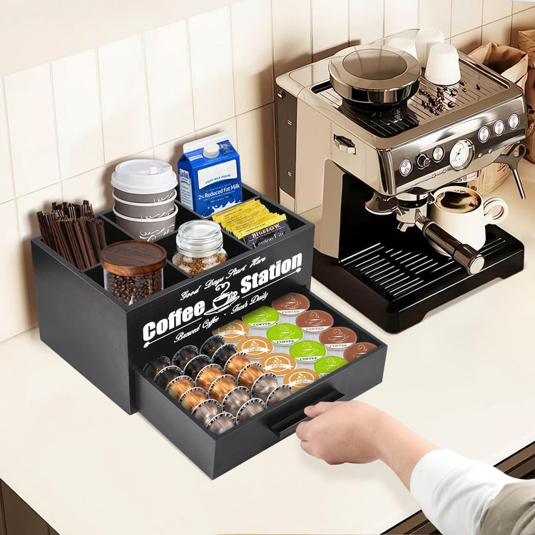 Coffee Bar Accessories Organizer with Drawer, Coffee Station Organizer for Coffee Bar Decor, Kcup Organizer Coffee Pods Holder with Removable Dividers, Tea Bag Dispenser Coffee Condiment Organizerā¦