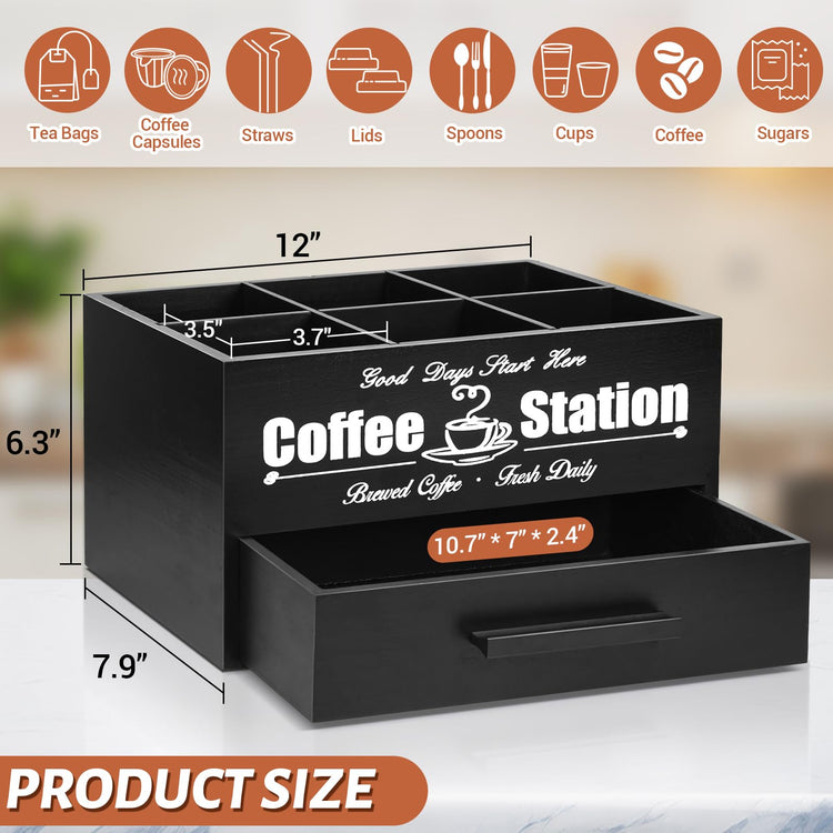 Coffee Bar Accessories Organizer with Drawer, Coffee Station Organizer for Coffee Bar Decor, Kcup Organizer Coffee Pods Holder with Removable Dividers, Tea Bag Dispenser Coffee Condiment Organizerā¦