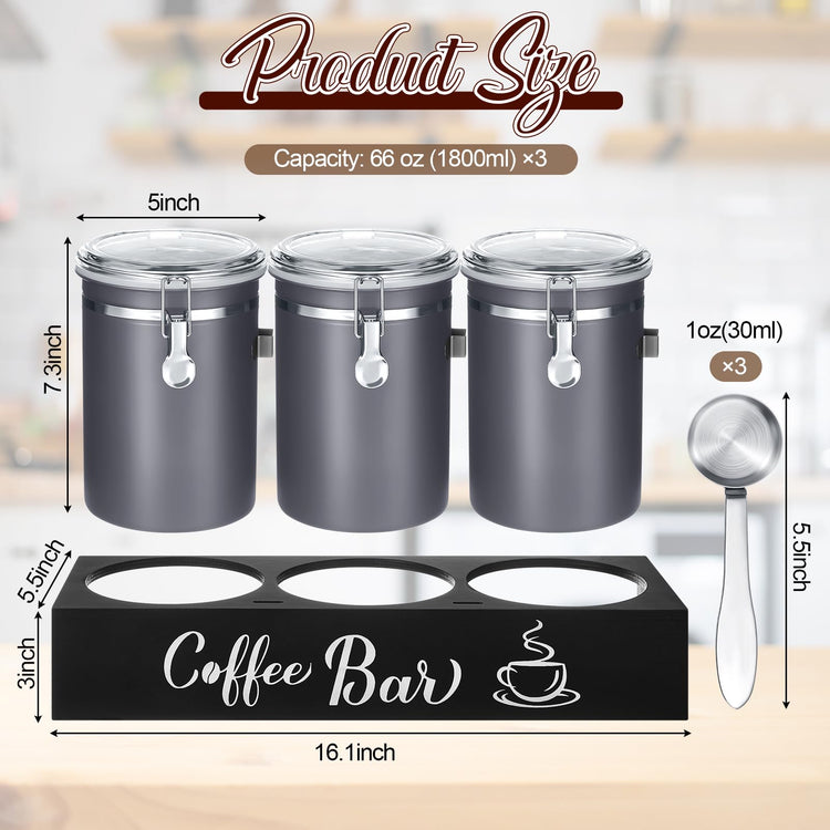Domensi 3 x 66 oz Airtight Coffee Canisters with Shelf, Coffee Bean Storage Container 304 Stainless Steel Coffee Bean Storage with Airtight Locking Clamp and Scoop, Kitchen Food Storage Jar(Gray)