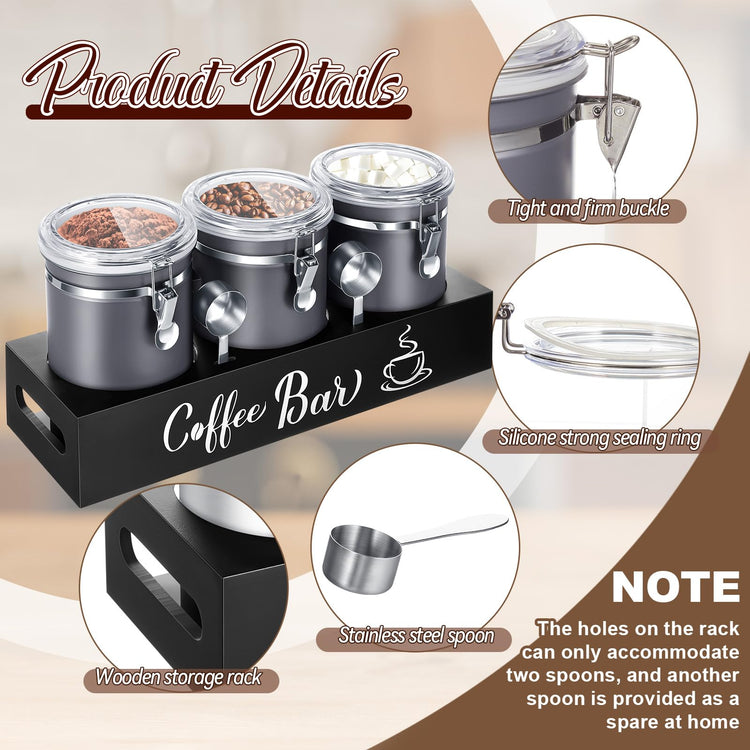 Domensi 3 x 66 oz Airtight Coffee Canisters with Shelf, Coffee Bean Storage Container 304 Stainless Steel Coffee Bean Storage with Airtight Locking Clamp and Scoop, Kitchen Food Storage Jar(Gray)
