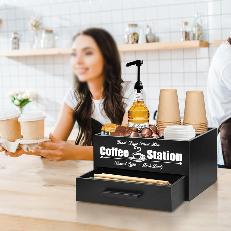 Coffee Bar Accessories Organizer with Drawer, Coffee Station Organizer for Coffee Bar Decor, Kcup Organizer Coffee Pods Holder with Removable Dividers, Tea Bag Dispenser Coffee Condiment Organizerā¦