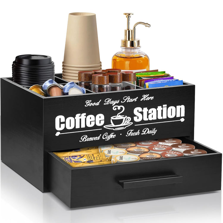 Coffee Bar Accessories Organizer with Drawer, Coffee Station Organizer for Coffee Bar Decor, Kcup Organizer Coffee Pods Holder with Removable Dividers, Tea Bag Dispenser Coffee Condiment Organizerā¦