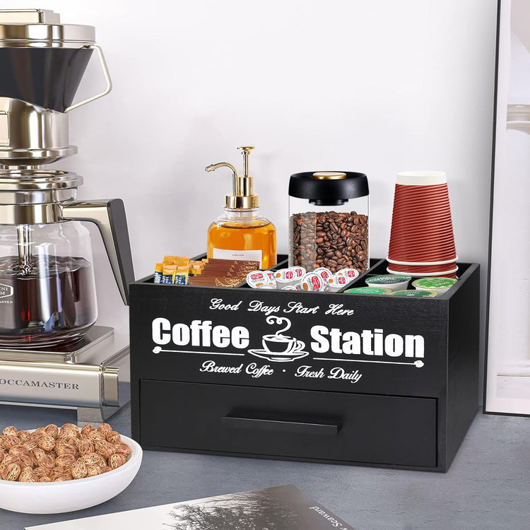 Coffee Bar Accessories Organizer with Drawer, Coffee Station Organizer for Coffee Bar Decor, Kcup Organizer Coffee Pods Holder with Removable Dividers, Tea Bag Dispenser Coffee Condiment Organizerā¦