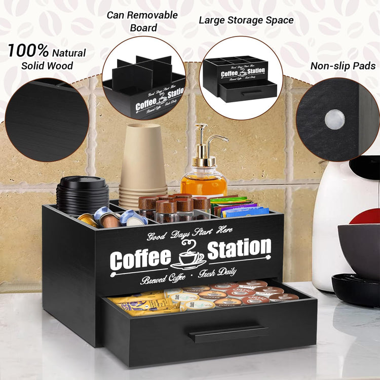 Coffee Bar Accessories Organizer with Drawer, Coffee Station Organizer for Coffee Bar Decor, Kcup Organizer Coffee Pods Holder with Removable Dividers, Tea Bag Dispenser Coffee Condiment Organizerā¦