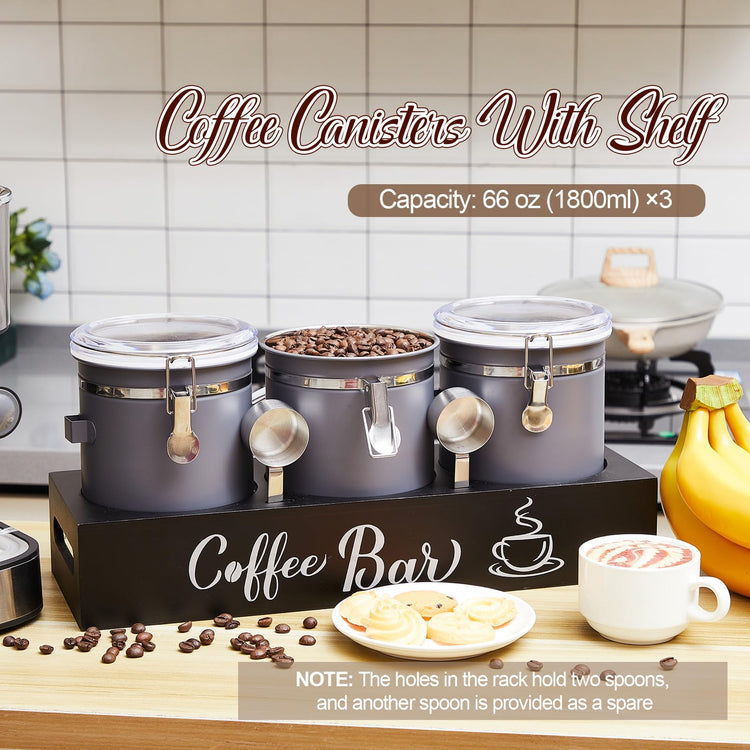 Domensi 3 x 66 oz Airtight Coffee Canisters with Shelf, Coffee Bean Storage Container 304 Stainless Steel Coffee Bean Storage with Airtight Locking Clamp and Scoop, Kitchen Food Storage Jar(Gray)