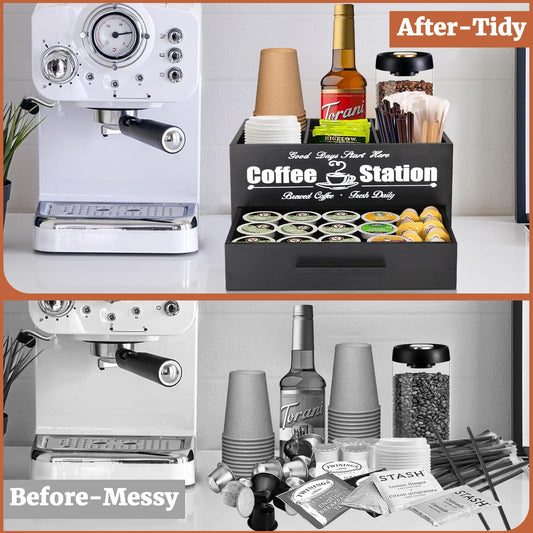 Coffee Bar Accessories Organizer with Drawer, Coffee Station Organizer for Coffee Bar Decor, Kcup Organizer Coffee Pods Holder with Removable Dividers, Tea Bag Dispenser Coffee Condiment Organizer…