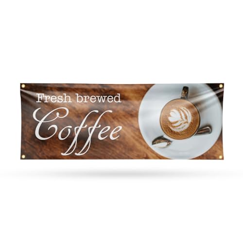 Fresh Brewed Coffee Banner Sign 18 Inch x 48 Inch | 13 oz Vinyl with Metal Grommets | Heavy-Duty Single-Sided Outdoor Durable Printed High-Quality Weatherproof | Made in the USA