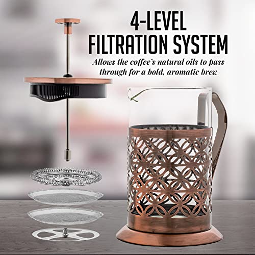 OVENTE 27 Ounce French Press Coffee & Tea Maker, 4 Filter Stainless Steel Filter Plunger System & Durable Borosilicate Heat Resistant Glass with Free Scoop, Perfect for Hot & Cold Brew, Copper FSF27C
