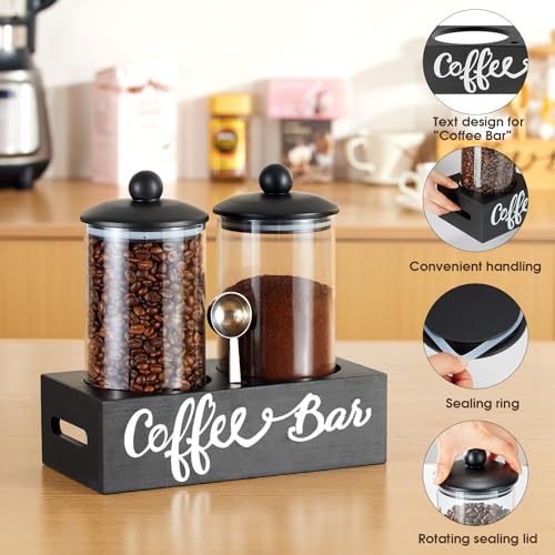 Yangbaga55OZ Glass Coffee Canister for Ground Coffee,2Pcs Coffee Containers with Handle Shelf Coffee Station Coffee Bar Accessories Organizer Decor,Food Storage Jar with Iron Coffee Scoop for Kitchen