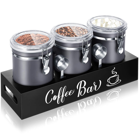 Domensi 3 x 66 oz Airtight Coffee Canisters with Shelf, Coffee Bean Storage Container 304 Stainless Steel Coffee Bean Storage with Airtight Locking Clamp and Scoop, Kitchen Food Storage Jar(Gray)