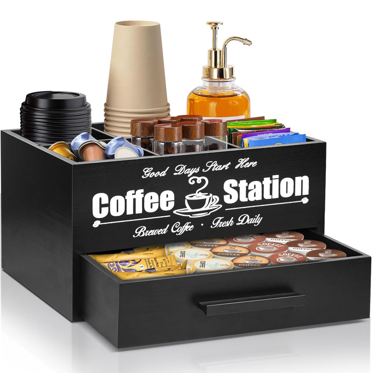 Coffee Bar Accessories Organizer with Drawer, Coffee Station Organizer for Coffee Bar Decor, Kcup Organizer Coffee Pods Holder with Removable Dividers, Tea Bag Dispenser Coffee Condiment Organizer…