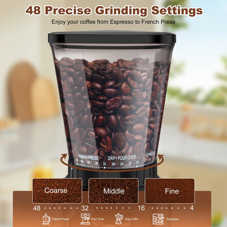 Conical Burr Coffee Grinder: Anti-Static Electric Coffee Bean Grinder with Adjustable 48 Grinding Settings and Precision Timer,Portable Stainless Steel Coffee Grind for Espresso/Drip/French Press